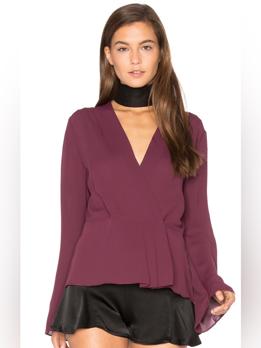 Elizabeth and James Layla Silk Flowy Wrap Flared Sleeves Shiraz Red Blouse Sz L